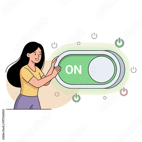 Woman activates large green power button surrounded by symbols.