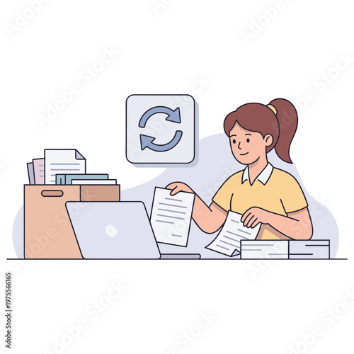 A woman organizes documents at her desk with a laptop nearby.