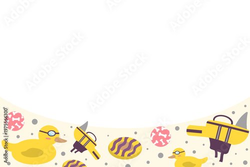 Summer pet swimming toys bottom border background with copy space. Flat design vector illustration for aquatic dog gear and animal beach party