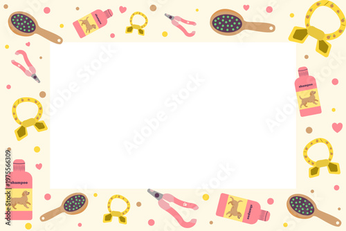 Pet grooming and spa supplies frame with copy space for text. Flat design vector background for animal salon marketing and pet hygiene services
