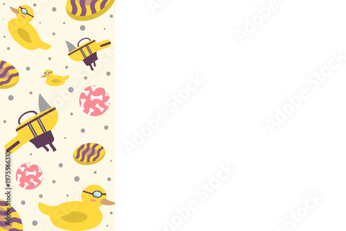 Pet beach safety gear side border background with copy space. Flat design vector template for dog travel accessories and summer pet care marketing