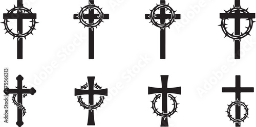 Christian cross with crown of thorns vector set, religious crucifix icons for Good Friday and Easter, black silhouette church symbols