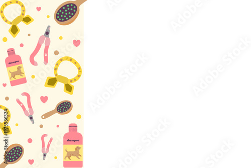 Pet grooming accessories side border background with copy space. Flat design vector template for animal salon branding and pet fashion announcements