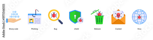 Cyber Forensics web banner icon vector illustration featuring Binary Code, Phishing, Bug, Shield, Malware, Cracked, and Virus.