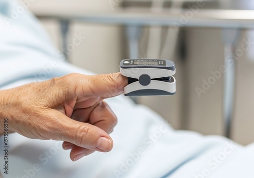 Elderly Patient Measuring Oxygen Saturation with Pulse Oximeter