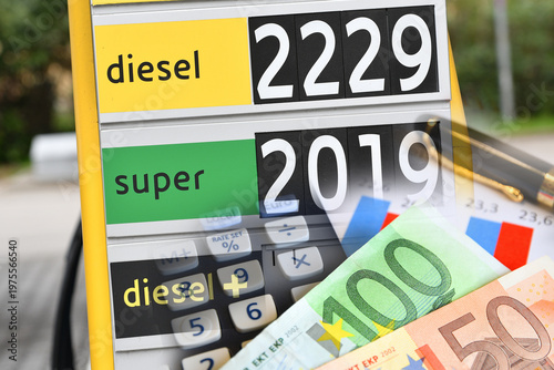 Gas station price panels with euro banknotes. Rising prices. Concept of rising gasoline and diesel prices due to the war in the Middle East.