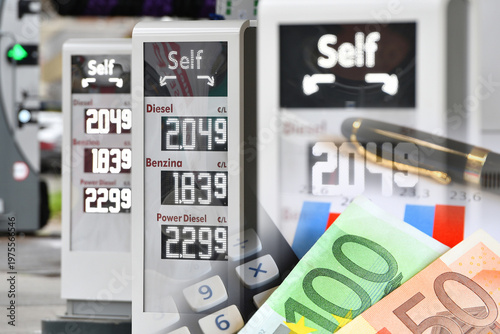Gas station price panels with euro banknotes. Rising prices. Concept of rising gasoline and diesel prices due to the war in the Middle East.