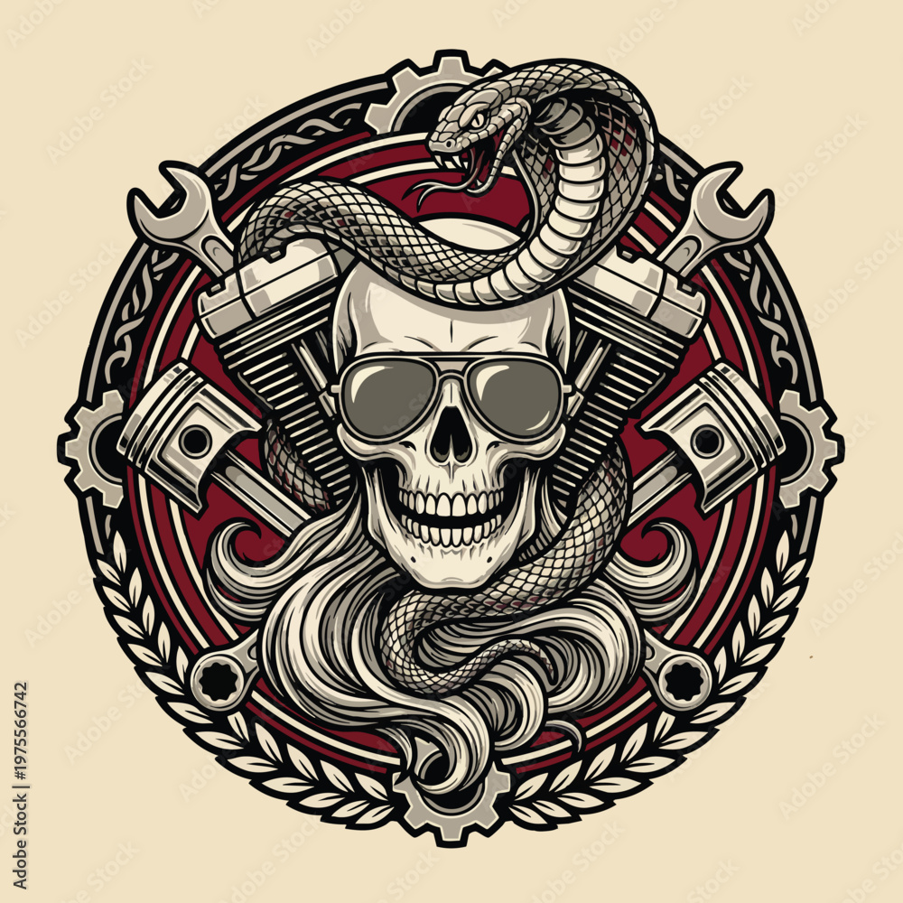 Fototapeta premium Vintage skull with snake and mechanical elements illustration