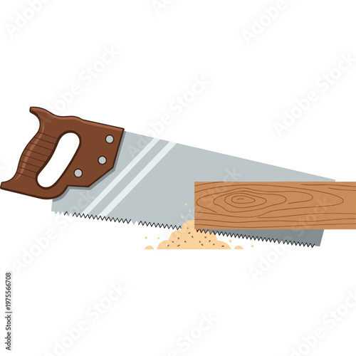 A handsaw cuts through a wooden plank on a workbench indoors.