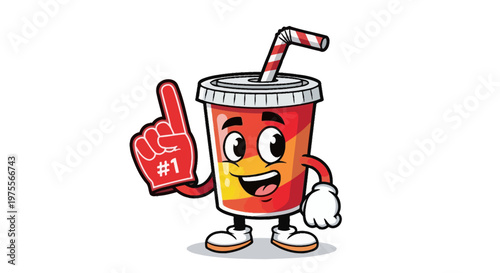 Cartoon Soda Drink Mascot with Number One Foam Finger.