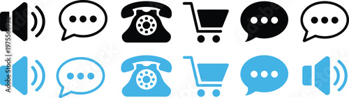 speaker speech bubble telephone and shopping cart designs in black and blue representing communication and commerce