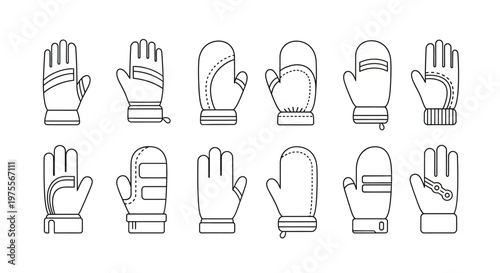Collection of various winter gloves and mittens in outline style.