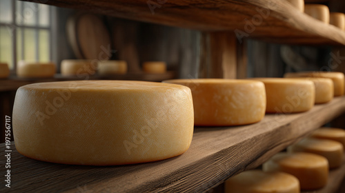 Cheese wheels photorealistic artisanal food scene rustic background