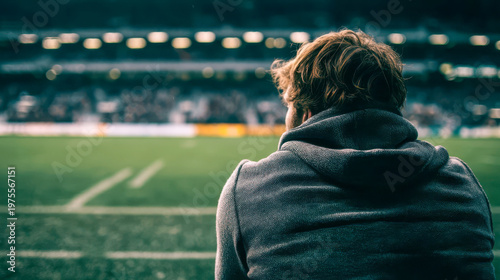 Rugby fan watches the game from the stands during an evening at the stadium