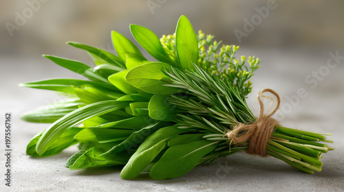 Fresh herbs bundle photorealistic food still life on rustic table