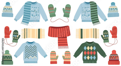 Collection of Warm Winter Clothing Items for Cold Weather.