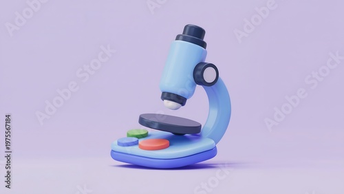 A 3D rendering of a blue microscope on a purple background in a laboratory setting