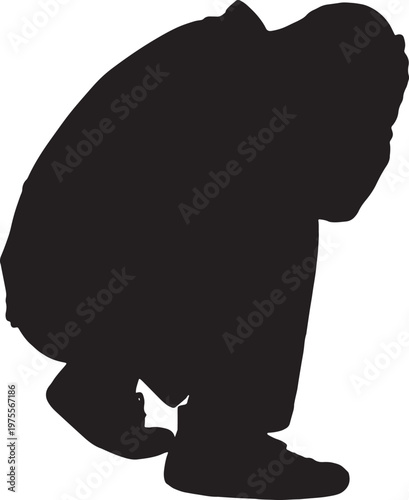 vector,silhouette of a  side view of a stressed man squatting looking down hands on face