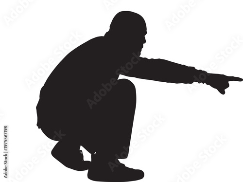 vector,silhouette of a  side view of a man squatting and pointing on white background