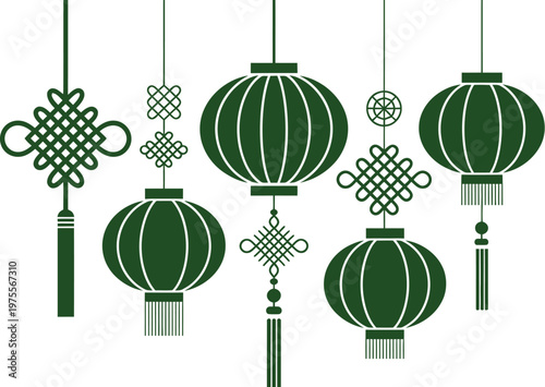 decorative hanging lanterns with tassels and ornamental knots in dark green and white arranged symmetrically representing cultural festive artistry