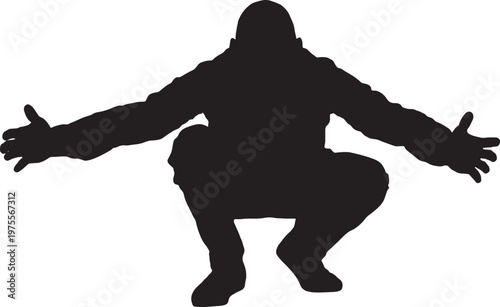 vector,silhouette of a  Front view of a man squatting with his arms outstretched