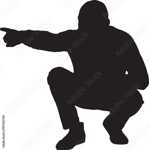 vector,silhouette of a Front view of a man squatting and pointing on white background