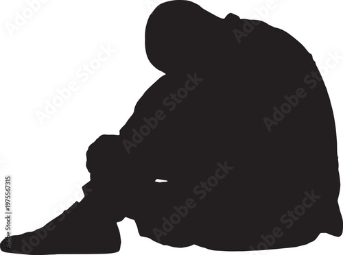 vector,silhouette of a Side view of a thoughtful sitting on de ground man looking down