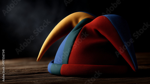 Jester hat photorealistic theatrical still life colorful costume scene