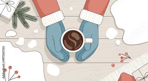 Hands in mittens holding a warm cup of coffee.