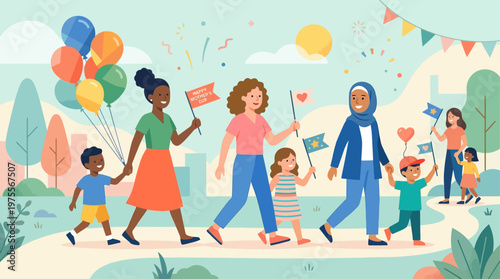 A vibrant flat design illustration depicting a diverse group of mothers and children joyfully participating in a Mother's Day parade, holding flags and balloons. 