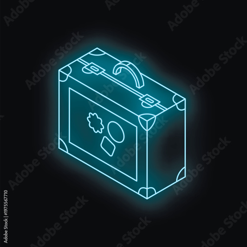 Glowing neon blue suitcase with stickers representing tourism and travel, isolated on a black background