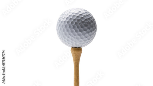 White dimpled golf ball balanced on a wooden tee, isolated on transparent background
