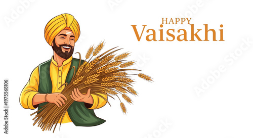 A smiling Sikh man in traditional dress winks while holding harvested wheat for the Vaisakhi celebration, presented as vector illustrations against a clean white background in a festive
