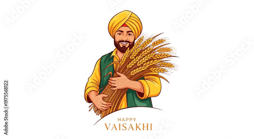 A vector illustration shows a smiling Sikh man in traditional dress holding a bundle of wheat during the Vaisakhi harvest festival, set against a clean white background with festive