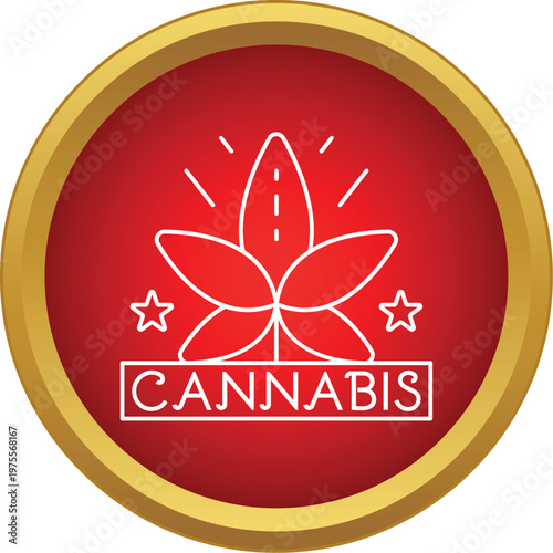 Cannabis leaf graphic emblem with stars and text on a red background with gold border