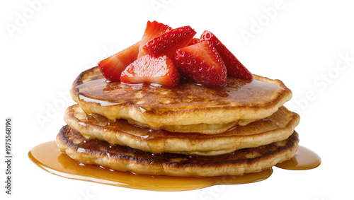 Stack of golden pancakes with fresh strawberries and maple syrup, isolated on transparent background