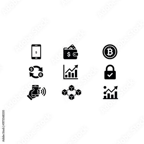 Cryptocurrency and finance icon set.