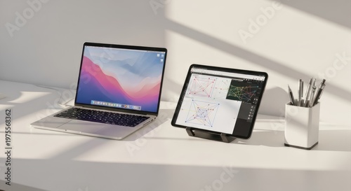 A white desk is illuminated by a beam of sunlight, casting shadows across the surface. A silver MacBook laptop is open on the left, displaying a macOS desktop with a blue sky wallpaper. 