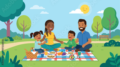 A heartwarming flat design illustration depicting a diverse family enjoying a joyful Mother's Day picnic in a park. This minimalist vector art captures togetherness and celebration