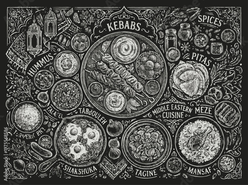 Middle Eastern Food Chalkboard Illustration with Hand Drawn Culinary Elements