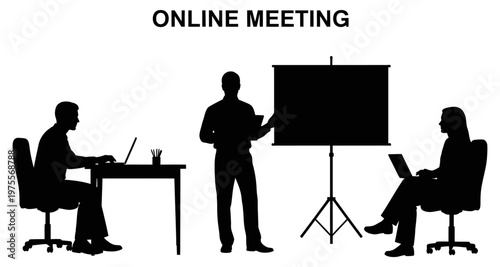 Business people in silhouette during an online meeting with laptops and presentation screen
