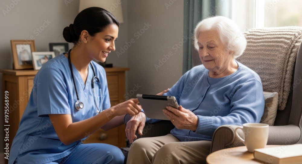 Obraz premium A young, professional nurse is patiently showing an elderly woman how to use a tablet. The nurse is kneeling beside the woman armchair, and they are both smiling. 