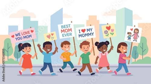A joyful flat design illustration showing diverse children participating in a Mother's Day parade, proudly carrying banners with messages for their moms. 