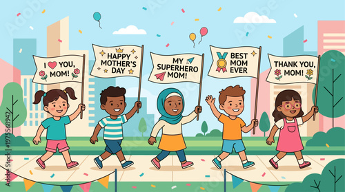 A joyful flat design illustration showing diverse children participating in a Mother's Day parade, proudly carrying banners with messages for their moms. 