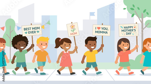 A joyful flat design illustration showing diverse children participating in a Mother's Day parade, proudly carrying banners with messages for their moms. 