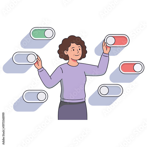 A woman choosing options with toggle switches in her hands.