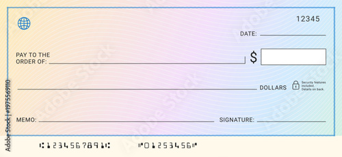 Blank banking check template for finance payroll and accounting use. Money payment bank check voucher or pay cash cheque certificate. Money check, coupon, voucher, gift card