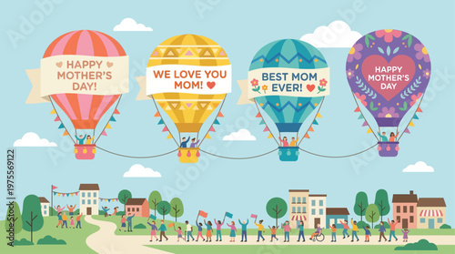 A whimsical flat design illustration depicting a Mother's Day parade of colorful hot air balloons, each carrying special messages. This minimalist vector art creates a dreamy and celebratory atmospher