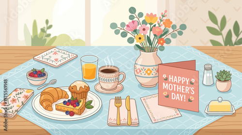 An inviting flat design illustration of a Mother's Day brunch table, complete with pastries, coffee, and flowers, symbolizing a relaxed and loving celebration. This minimalist vector art creates a war