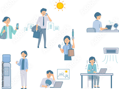 夏のオフィス人物イラストセット